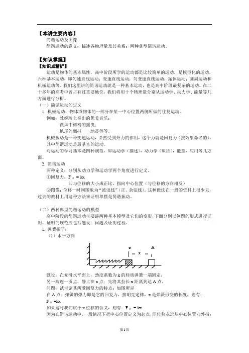 高三物理15A_简谐运动及图像 知识点解析、解题方法、考点突破、例题分析、达标测试