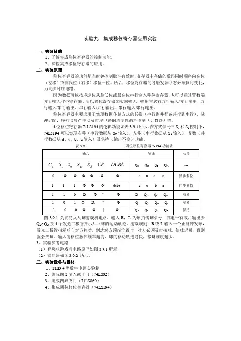集成移位寄存器应用实验