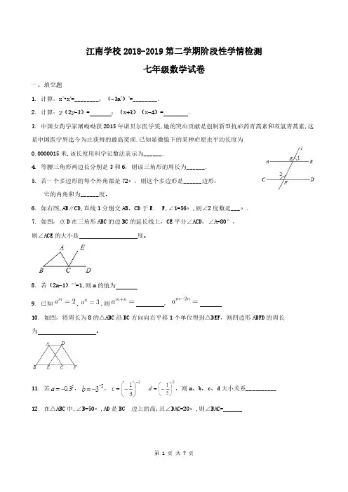 江苏省镇江市江南学校2018-2019学年第二学期阶段性学情检测  七年级下数学试卷(含答案)