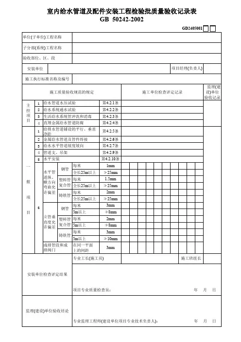 室内给水管道及配件安装工程检验批质量验收记录表