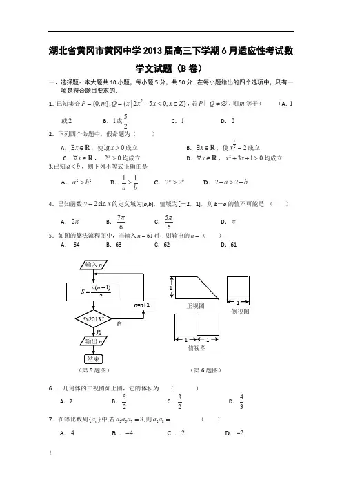 湖北黄冈黄冈中学2013届高三下学期6月适应性考试数学