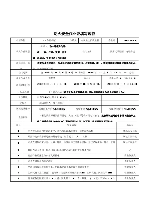 动火安全作业证填写范本