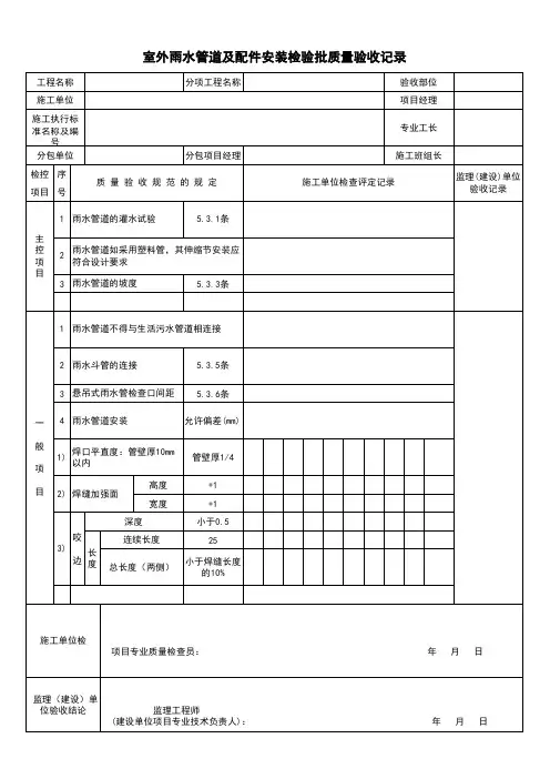 室外雨水管道及配件安装检验批质量验收记录