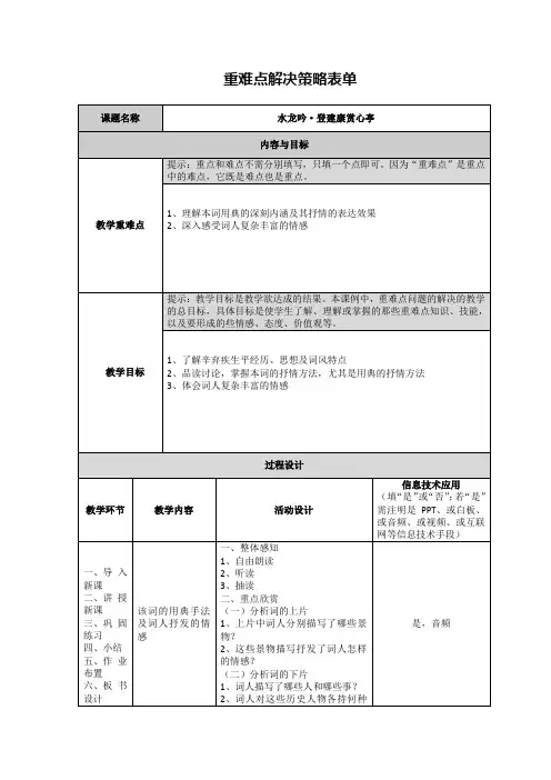 《水龙吟登建康赏心亭》【作业表单】重难点解决策略