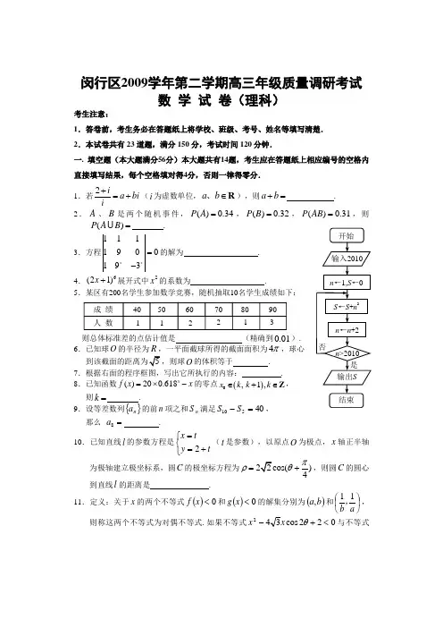 2010闵行高三高考二模理科数学