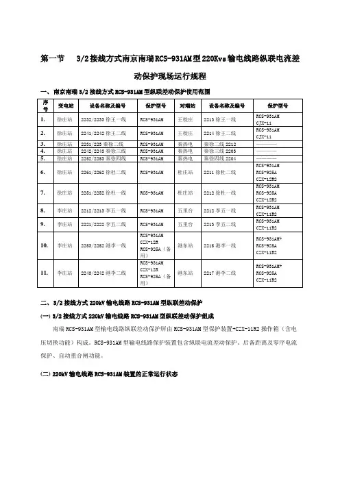 3^2接线方式南京南瑞RCS-931AM型220Kvs输电线路纵联电流差动保护现场运行规程