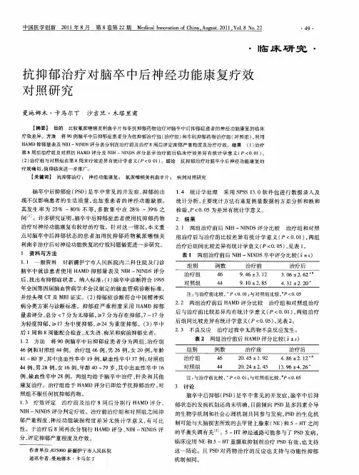 抗抑郁治疗对脑卒中后神经功能康复疗效对照研究