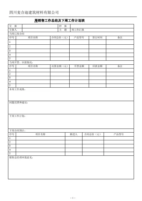 周销售工作总结、下周计划报表