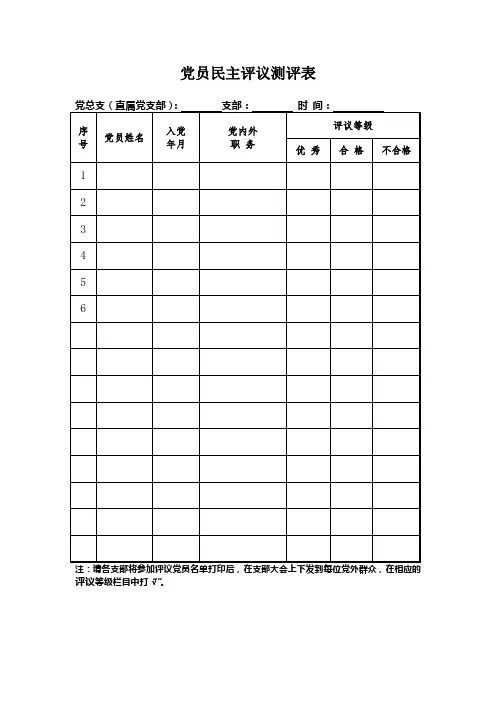 党员民主评议测评表(样式)