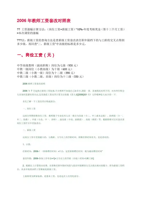 26年教师工资套改对照表