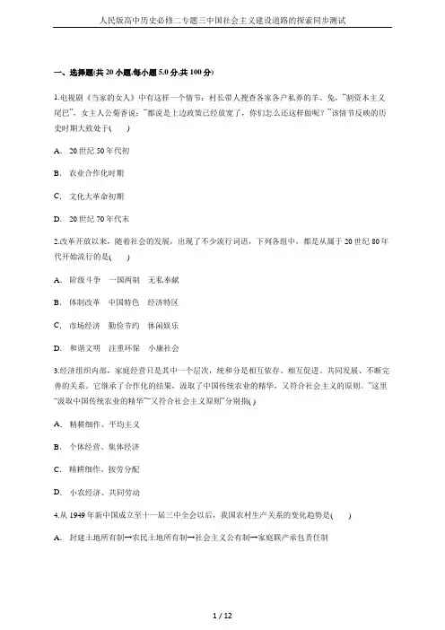 人民版高中历史必修二专题三中国社会主义建设道路的探索同步测试