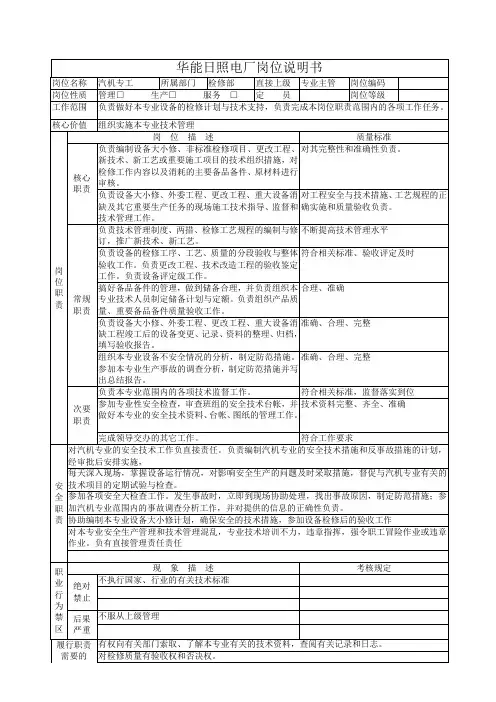 检修部汽机专工岗位说明书