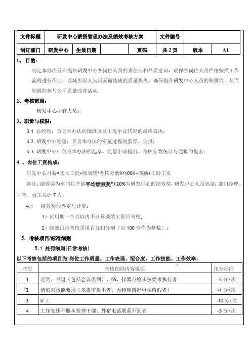 研发中心薪资管理办法及绩效考核方案