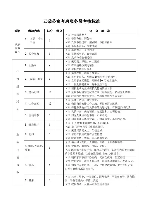 客房服务员考核标准