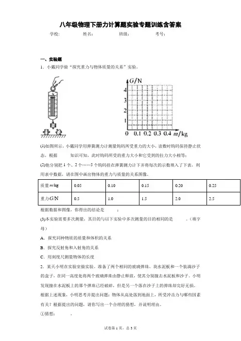 八年级物理下册力计算题实验专题训练含答案
