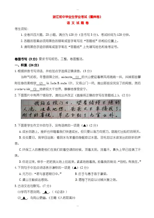精选浙江省衢州市中考语文模拟试题(有详细答案)