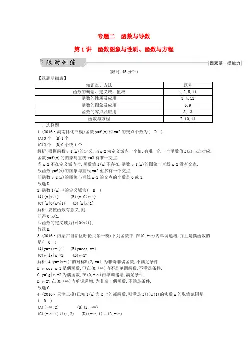 (全国通用)2017届高三数学二轮复习专题突破专题二函数与导数第1讲函数图象与性质、函数与方程限时训练文