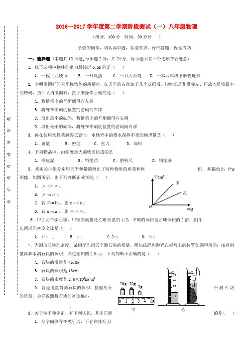江苏省东台市2016_2017学年八年级物理下学期第一次月考试题