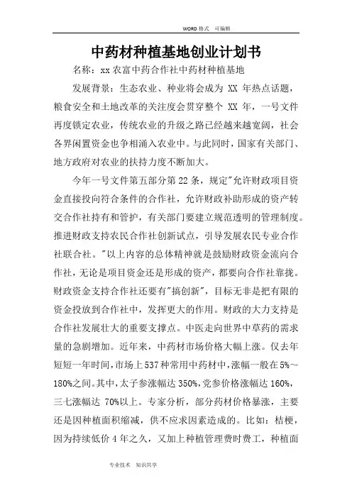 中药材种植基地创业实施计划书模板