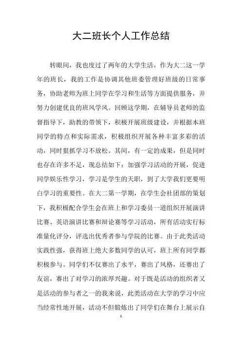 大二班长个人工作总结