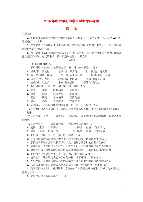 山东省临沂市2016届中考语文样题