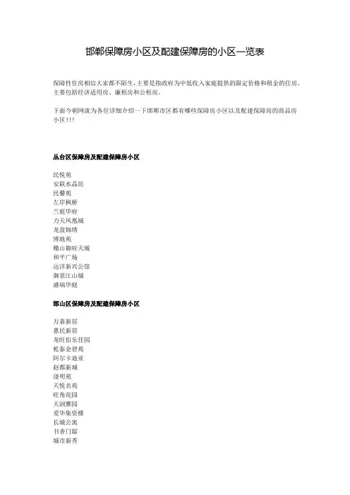 邯郸保障房小区及配建保障房的小区一览表
