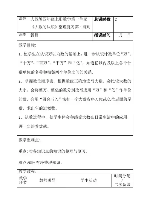 2019年人教版四年级上册数学第一单元《大数的认识》整理复习第1课时电子教案