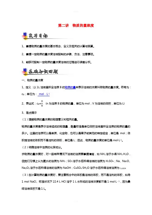 高考化学一轮复习 专题1_2 物质的量浓度(讲)(含解析)1