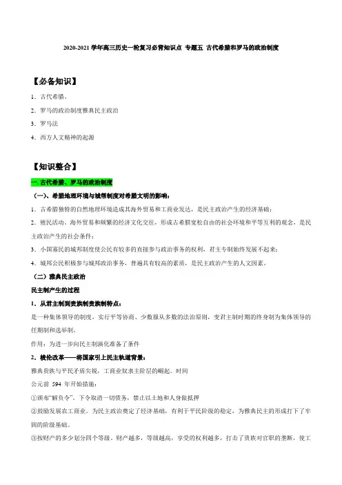 2021年高考历史一轮复习必背知识点 专题五 古代希腊和罗马的政治制度