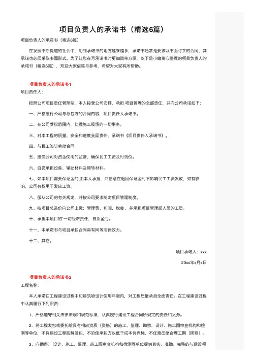 项目负责人的承诺书（精选6篇）