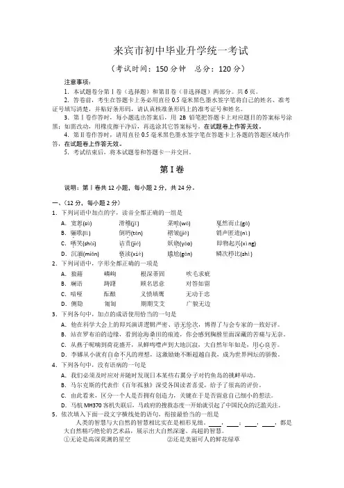 广西来宾语文中考试题及答案