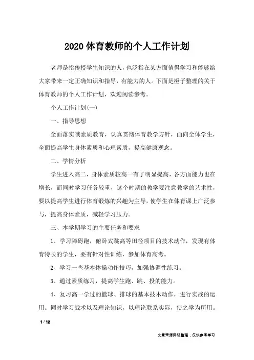2020体育教师的个人工作计划_工作计划