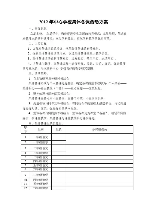 中心小学集体备课活动方案