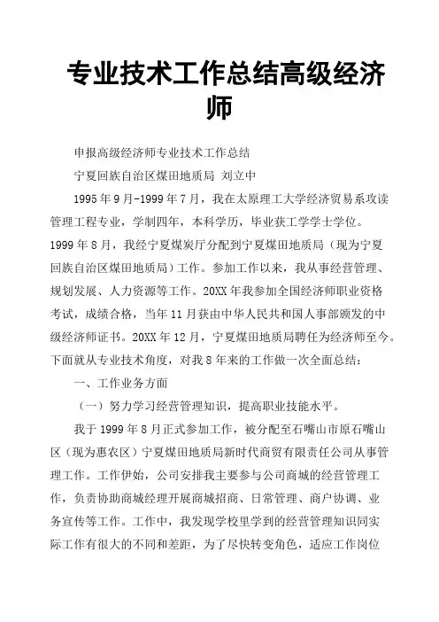 专业技术工作总结高级经济师