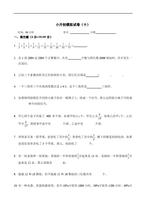 新奥数小升初模拟试题及答案(十)