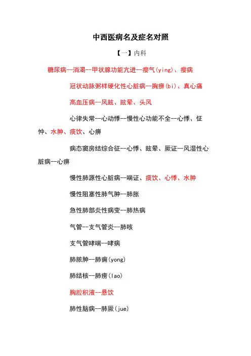 中西医病名及症名对照