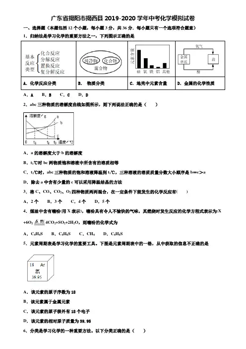 【附20套中考模拟试卷】广东省揭阳市揭西县2019-2020学年中考化学模拟试卷含解析