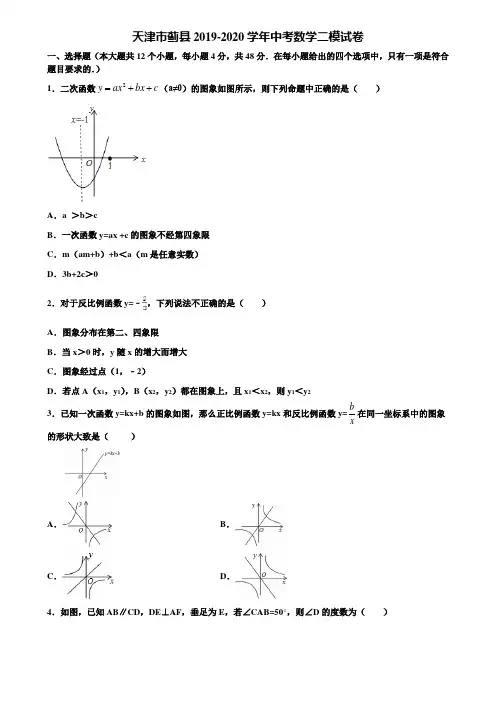 【附5套中考模拟试卷】天津市蓟县2019-2020学年中考数学二模试卷含解析