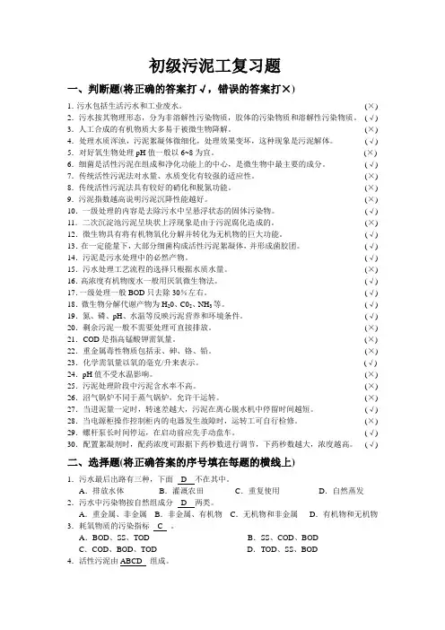 初级污泥工技能考核复习题