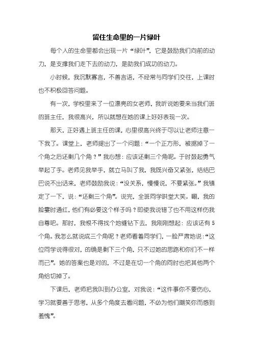 初二作文：留住生命里的一片绿叶作文600字