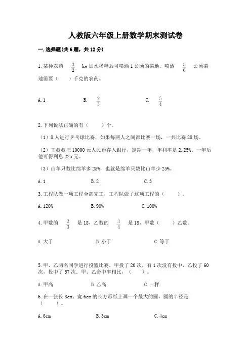人教版六年级上册数学期末测试卷(易错题)word版