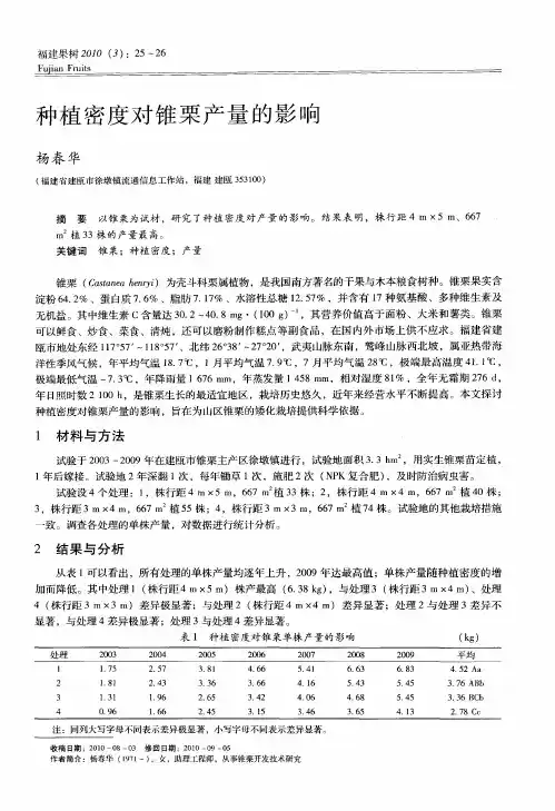 种植密度对锥栗产量的影响