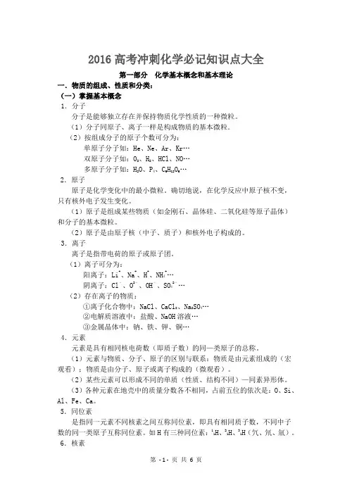 2016高考冲刺化学必记知识点大全
