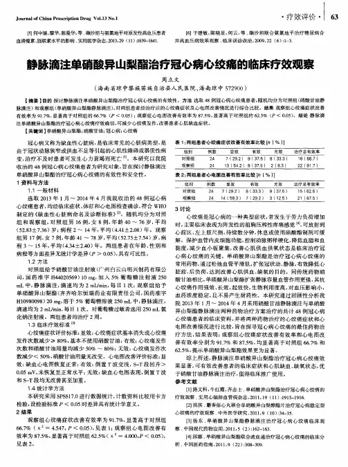 静脉滴注单硝酸异山梨酯治疗冠心病心绞痛的临床疗效观察