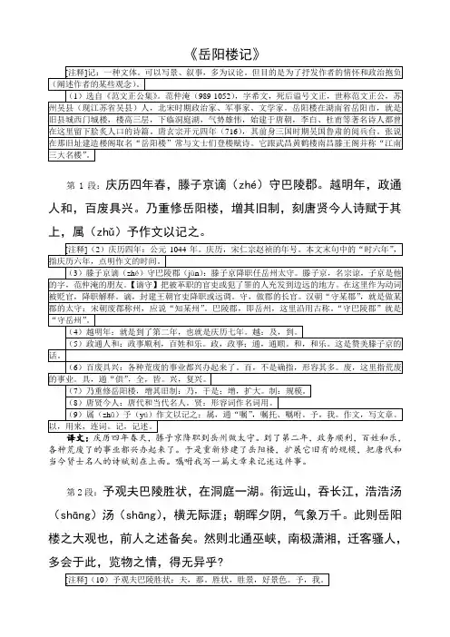 《岳阳楼记》全文翻译+注释+原文