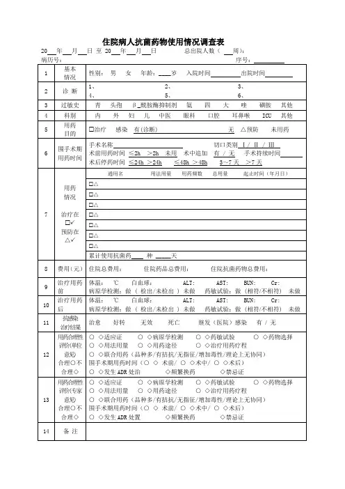 住院病人抗菌药物使用情况调查表
