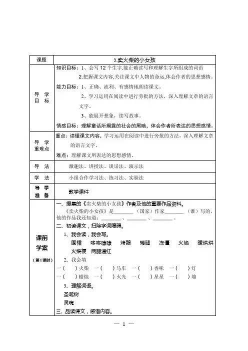 3 卖火柴的小女孩  导学案