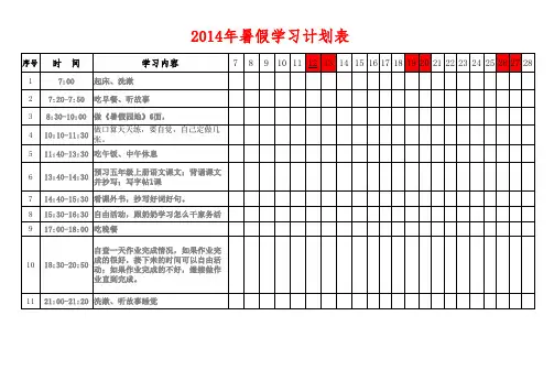 2014年小学生暑假学习计划