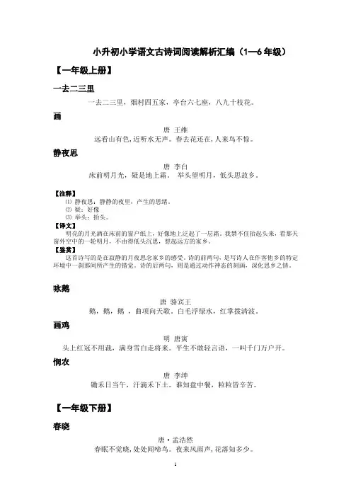 精编小升初语文各册古诗词阅读赏析汇编