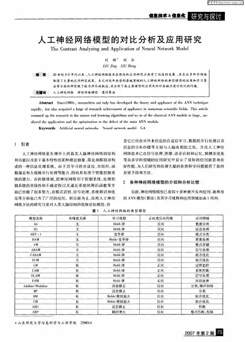 人工神经网络模型的对比分析及应用研究